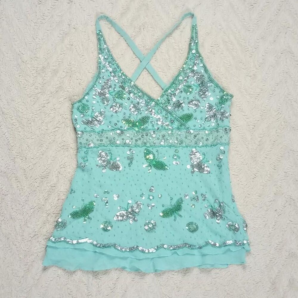 Y2K Bebe Blue Beaded Sequin Butterfly Fairy Top